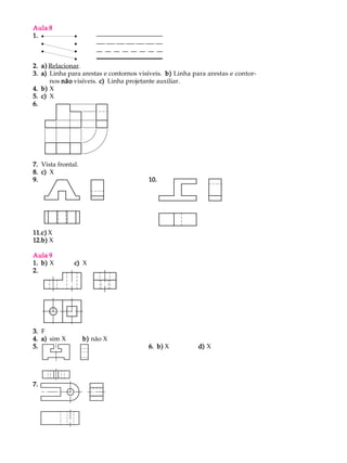 Aula 8Aula 8Aula 8Aula 8Aula 8
1.1.1.1.1. l l
l l
l l
l
2.2.2.2.2. a)a)a)a)a) Relacionar.
3.3.3.3.3. a)a)a)a)a) Linha para arestas e contornos visíveis. b)b)b)b)b) Linha para arestas e contor-
nos nãonãonãonãonão visíveis. c)c)c)c)c) Linha projetante auxiliar.
4.4.4.4.4. b)b)b)b)b) X
5.5.5.5.5. c)c)c)c)c) X
6.6.6.6.6.
7.7.7.7.7. Vista frontal.
8.8.8.8.8. c)c)c)c)c) X
9.9.9.9.9. 10.10.10.10.10.
11.11.11.11.11.c)c)c)c)c) X
12.12.12.12.12.b)b)b)b)b) X
Aula 9Aula 9Aula 9Aula 9Aula 9
1.1.1.1.1. b)b)b)b)b) XQQQ c)c)c)c)c) X
2.2.2.2.2.
3.3.3.3.3. F
4.4.4.4.4. a)a)a)a)a) sim X b)b)b)b)b) não X
5.5.5.5.5. 6.6.6.6.6. b)b)b)b)b) XQQQ d)d)d)d)d) X
7.7.7.7.7.
. . . . . .
 