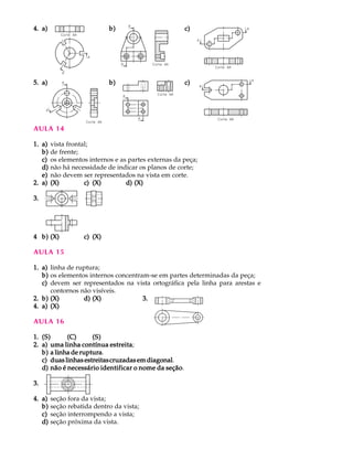 4.4.4.4.4. a)a)a)a)a) b)b)b)b)b) c)c)c)c)c)
5.5.5.5.5. a)a)a)a)a) b)b)b)b)b) c)c)c)c)c)
AULA 14
1.1.1.1.1. a)a)a)a)a) vista frontal;
b)b)b)b)b) de frente;
c)c)c)c)c) os elementos internos e as partes externas da peça;
d)d)d)d)d) não há necessidade de indicar os planos de corte;
e)e)e)e)e) não devem ser representados na vista em corte.
2.2.2.2.2. a)a)a)a)a) (X)(X)(X)(X)(X) c)c)c)c)c) (X)(X)(X)(X)(X) d)d)d)d)d) (X)(X)(X)(X)(X)
3.3.3.3.3.
44444 b)b)b)b)b) (X)(X)(X)(X)(X) c)c)c)c)c) (X)(X)(X)(X)(X)
AULA 15
1.1.1.1.1. a)a)a)a)a) linha de ruptura;
b)b)b)b)b) os elementos internos concentram-se em partes determinadas da peça;
c)c)c)c)c) devem ser representados na vista ortográfica pela linha para arestas e
contornos não visíveis.
2.2.2.2.2. b)b)b)b)b) (X)(X)(X)(X)(X) d)d)d)d)d) (X)(X)(X)(X)(X) 3.3.3.3.3.
4.4.4.4.4. a)a)a)a)a) (X)(X)(X)(X)(X)
AULA 16
1.1.1.1.1. (S)(S)(S)(S)(S) (C)(C)(C)(C)(C) (S)(S)(S)(S)(S)
2.2.2.2.2. a)a)a)a)a) uma linha contínua estreitauma linha contínua estreitauma linha contínua estreitauma linha contínua estreitauma linha contínua estreita;
b)b)b)b)b) a linha de rupturaa linha de rupturaa linha de rupturaa linha de rupturaa linha de ruptura.
c)c)c)c)c) duas linhas estreitasduas linhas estreitasduas linhas estreitasduas linhas estreitasduas linhas estreitascruzadas em diagonalcruzadas em diagonalcruzadas em diagonalcruzadas em diagonalcruzadas em diagonal.
d)d)d)d)d) não é necessário identificar o nome da seçãonão é necessário identificar o nome da seçãonão é necessário identificar o nome da seçãonão é necessário identificar o nome da seçãonão é necessário identificar o nome da seção.
3.3.3.3.3.
4.4.4.4.4. a)a)a)a)a) seção fora da vista;
b)b)b)b)b) seção rebatida dentro da vista;
c)c)c)c)c) seção interrompendo a vista;
d)d)d)d)d) seção próxima da vista.
 