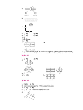 5.5.5.5.5.
6.6.6.6.6.
7.7.7.7.7.
8.8.8.8.8. a)a)a)a)a) (X)(X)(X)(X)(X) c)c)c)c)c) (X)(X)(X)(X)(X)
9.9.9.9.9. a)a)a)a)a) (C)(C)(C)(C)(C) b)b)b)b)b) (E)(E)(E)(E)(E)
10.10.10.10.10.b)b)b)b)b)
11.11.11.11.11.da altura.da altura.da altura.da altura.da altura.
12.12.12.12.12.b)b)b)b)b) (X)(X)(X)(X)(X)
13.13.13.13.13. 14.14.14.14.14.
15.15.15.15.15.a)a)a)a)a) vista frontal; 2 ; 2 . b)vista frontal; 2 ; 2 . b)vista frontal; 2 ; 2 . b)vista frontal; 2 ; 2 . b)vista frontal; 2 ; 2 . b) linha de rupturalinha de rupturalinha de rupturalinha de rupturalinha de ruptura; c)c)c)c)c) hexagonal (ou sextavada)hexagonal (ou sextavada)hexagonal (ou sextavada)hexagonal (ou sextavada)hexagonal (ou sextavada).
AULA 17
1.1.1.1.1. a)a)a)a)a) (X)(X)(X)(X)(X) d)d)d)d)d) (X)(X)(X)(X)(X)
2.2.2.2.2.
3.3.3.3.3. a)a)a)a)a)
4.4.4.4.4. b)b)b)b)b) d(XXXXX) 5.5.5.5.5.
AULA 18
1.1.1.1.1. c) (X) dc) (X) dc) (X) dc) (X) dc) (X) d (X)(X)(X)(X)(X)
2.2.2.2.2. · representa as partes oblíquas deformadas· representa as partes oblíquas deformadas· representa as partes oblíquas deformadas· representa as partes oblíquas deformadas· representa as partes oblíquas deformadas
3.3.3.3.3. bbbbb (X) d(X) d(X) d(X) d(X) d (X)(X)(X)(X)(X)
4.4.4.4.4. a)a)a)a)a) bbbbb b)b)b)b)b) Plano de projeção auxiliar
5.5.5.5.5.
 