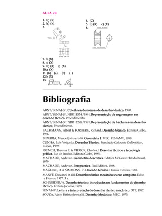 AULA 20
1.1.1.1.1. b)b)b)b)b) (X)
2.2.2.2.2. b)b)b)b)b) (X)
3.3.3.3.3.
7.7.7.7.7. b (X)b (X)b (X)b (X)b (X)
8.8.8.8.8. c (X)c (X)c (X)c (X)c (X)
9.9.9.9.9. b)b)b)b)b) (X)(X)(X)(X)(X) c)c)c)c)c) (X)(X)(X)(X)(X)
10.10.10.10.10.a (X)a (X)a (X)a (X)a (X)
11.11.11.11.11. (b)(b)(b)(b)(b) (a)(a)(a)(a)(a) (c)(c)(c)(c)(c) ( )( )( )( )( )
12.12.12.12.12.b (X)b (X)b (X)b (X)b (X)
13.13.13.13.13.
Bibliografia
ABNT/SENAI-SP. Coletânea de normas de desenho técnicoColetânea de normas de desenho técnicoColetânea de normas de desenho técnicoColetânea de normas de desenho técnicoColetânea de normas de desenho técnico, 1990.
ABNT/SENAI-SP. NBR 11534/1991, Representação de engrenagem emRepresentação de engrenagem emRepresentação de engrenagem emRepresentação de engrenagem emRepresentação de engrenagem em
desenho técnicodesenho técnicodesenho técnicodesenho técnicodesenho técnico. Procedimento.
ABNT/SENAI-SP. NBR 12298/1991, Representação de hachuras em desenhoRepresentação de hachuras em desenhoRepresentação de hachuras em desenhoRepresentação de hachuras em desenhoRepresentação de hachuras em desenho
técnicotécnicotécnicotécnicotécnico. Procedimento.
BACHMANN, Albert & FORBERG, Richard. Desenho técnicoDesenho técnicoDesenho técnicoDesenho técnicoDesenho técnico. Editora Globo,
1976.
BEZERRA, Manoel Jairo et alii. Geometria 1Geometria 1Geometria 1Geometria 1Geometria 1. MEC. FENAME, 1988.
CUNHA, Luis Veiga da. Desenho TécnicoDesenho TécnicoDesenho TécnicoDesenho TécnicoDesenho Técnico. Fundação Calouste Gulbenkian,
Lisboa, 1989.
FRENCH, Thomas E. & VIERCK, Charles J. Desenho técnico e tecnologiaDesenho técnico e tecnologiaDesenho técnico e tecnologiaDesenho técnico e tecnologiaDesenho técnico e tecnologia
gráficagráficagráficagráficagráfica. Rio de Janeiro. Editora Globo, 1985.
MACHADO, Ardevan. Geometria descritivaGeometria descritivaGeometria descritivaGeometria descritivaGeometria descritiva. Editora McGraw Hill do Brasil,
1979.
MACHADO, Ardevan. PerspectivaPerspectivaPerspectivaPerspectivaPerspectiva. Pini Editora, 1988.
MAGUIRE, D. & SIMMONS, C. Desenho técnicoDesenho técnicoDesenho técnicoDesenho técnicoDesenho técnico. Hemus Editora, 1982.
MANFÉ, Giovanni et alii. Desenho técnico mecânico: curso completoDesenho técnico mecânico: curso completoDesenho técnico mecânico: curso completoDesenho técnico mecânico: curso completoDesenho técnico mecânico: curso completo. Edito-
ra Hemus, 1977. 3 v.
SCHNEIDER, W. Desenho técnico: introdução aos fundamentos do desenhoDesenho técnico: introdução aos fundamentos do desenhoDesenho técnico: introdução aos fundamentos do desenhoDesenho técnico: introdução aos fundamentos do desenhoDesenho técnico: introdução aos fundamentos do desenho
técnicotécnicotécnicotécnicotécnico. Editora Jácomo, 1978.
SENAI-SP. Leitura e interpretação de desenho técnico mecânicoLeitura e interpretação de desenho técnico mecânicoLeitura e interpretação de desenho técnico mecânicoLeitura e interpretação de desenho técnico mecânicoLeitura e interpretação de desenho técnico mecânico. DTE, 1982.
SOUZA, Aécio Batista de et alii. Desenho MecânicoDesenho MecânicoDesenho MecânicoDesenho MecânicoDesenho Mecânico. MEC, 1975.
4.4.4.4.4. (C)(C)(C)(C)(C)
5.5.5.5.5. b) (X) c) (X)b) (X) c) (X)b) (X) c) (X)b) (X) c) (X)b) (X) c) (X)
6.6.6.6.6.
 