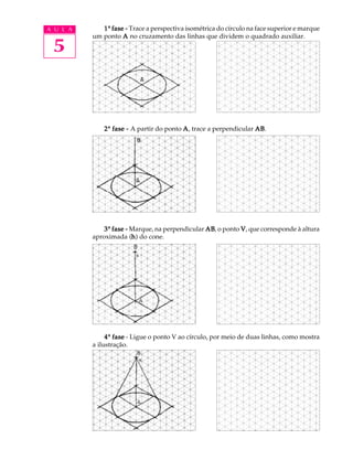 A U L A
5
11111ª fase -fase -fase -fase -fase - Trace a perspectiva isométrica do círculo na face superior e marque
um ponto AAAAA no cruzamento das linhas que dividem o quadrado auxiliar.
22222ª fase -fase -fase -fase -fase - A partir do ponto AAAAA, trace a perpendicular ABABABABAB.
33333ª fase -fase -fase -fase -fase - Marque, na perpendicular ABABABABAB, o ponto VVVVV, que corresponde à altura
aproximada (hhhhh) do cone.
44444ª fasefasefasefasefase - Ligue o ponto V ao círculo, por meio de duas linhas, como mostra
a ilustração.
 