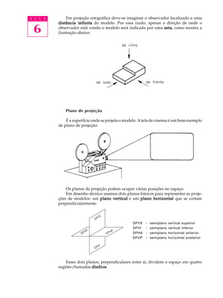 A U L A
6
Em projeção ortográfica deve-se imaginar o observador localizado a uma
distância infinitadistância infinitadistância infinitadistância infinitadistância infinita do modelo. Por essa razão, apenas a direção de onde o
observador está vendo o modelo será indicada por uma setasetasetasetaseta, como mostra a
ilustração abaixo:
Plano de projeção
É a superfície onde se projeta o modelo. A tela de cinema é um bom exemplo
de plano de projeção:
Os planos de projeção podem ocupar várias posições no espaço.
Em desenho técnico usamos dois planos básicos para representar as proje-
ções de modelos: um plano verticalplano verticalplano verticalplano verticalplano vertical e um plano horizontalplano horizontalplano horizontalplano horizontalplano horizontal que se cortam
perpendicularmente.
SPVS - semiplano vertical superior
SPVI - semiplano vertical inferior
SPHA - semiplano horizontal anterior
SPVP - semiplano horizontal posterior
Esses dois planos, perpendiculares entre si, dividem o espaço em quatro
regiões chamadas diedrosdiedrosdiedrosdiedrosdiedros.
 