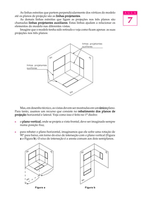 A U L A
7
As linhas estreitas que partem perpendicularmente dos vértices do modelo
até os planos de projeção são as linhas projetanteslinhas projetanteslinhas projetanteslinhas projetanteslinhas projetantes.
As demais linhas estreitas que ligam as projeções nos três planos são
chamadas linhas projetantes auxiliareslinhas projetantes auxiliareslinhas projetantes auxiliareslinhas projetantes auxiliareslinhas projetantes auxiliares. Estas linhas ajudam a relacionar os
elementos do modelo nas diferentes vistas.
Imagine que o modelo tenha sido retirado e veja como ficam apenas as suas
projeções nos três planos:
Mas,emdesenhotécnico,asvistasdevemsermostradasemumúnicoúnicoúnicoúnicoúnicoplano.
Para tanto, usamos um recurso que consiste no rebatimento dos planos derebatimento dos planos derebatimento dos planos derebatimento dos planos derebatimento dos planos de
projeçãoprojeçãoprojeçãoprojeçãoprojeção horizontal e lateral. Veja como isso é feito no 1º diedro:
l o plano verticalplano verticalplano verticalplano verticalplano vertical, onde se projeta a vista frontal, deve ser imaginado sempre
numa posição fixa;
l para rebater o plano horizontal, imaginamos que ele sofre uma rotação de
90º para baixo, em torno do eixo de interseção com o plano vertical (Figura
aaaaa e Figura bbbbb). O eixo de interseção é a aresta comum aos dois semiplanos.
Figura a Figura b
 