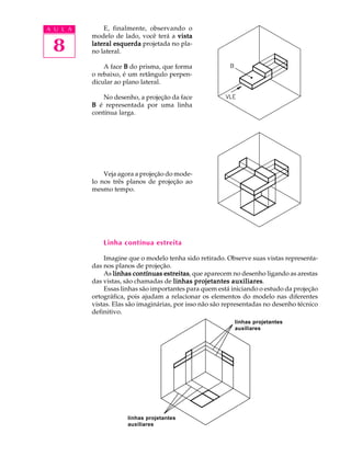 A U L A
8
E, finalmente, observando o
modelo de lado, você terá a vistavistavistavistavista
lateral esquerdalateral esquerdalateral esquerdalateral esquerdalateral esquerda projetada no pla-
no lateral.
A face BBBBB do prisma, que forma
o rebaixo, é um retângulo perpen-
dicular ao plano lateral.
No desenho, a projeção da face
BBBBB é representada por uma linha
contínua larga.
Veja agora a projeção do mode-
lo nos três planos de projeção ao
mesmo tempo.
Linha contínua estreita
Imagine que o modelo tenha sido retirado. Observe suas vistas representa-
das nos planos de projeção.
As linhas contínuas estreitaslinhas contínuas estreitaslinhas contínuas estreitaslinhas contínuas estreitaslinhas contínuas estreitas, que aparecem no desenho ligando as arestas
das vistas, são chamadas de linhas projetantes auxiliareslinhas projetantes auxiliareslinhas projetantes auxiliareslinhas projetantes auxiliareslinhas projetantes auxiliares.
Essas linhas são importantes para quem está iniciando o estudo da projeção
ortográfica, pois ajudam a relacionar os elementos do modelo nas diferentes
vistas. Elas são imaginárias, por isso não são representadas no desenho técnico
definitivo.
linhas projetantes
auxiliares
linhas projetantes
auxiliares
 