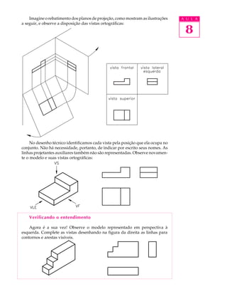 A U L A
8
Imagine o rebatimento dos planos de projeção, como mostram as ilustrações
a seguir, e observe a disposição das vistas ortográficas:
No desenho técnico identificamos cada vista pela posição que ela ocupa no
conjunto. Não há necessidade, portanto, de indicar por escrito seus nomes. As
linhas projetantes auxiliares também não são representadas. Observe novamen-
te o modelo e suas vistas ortográficas:
Verificando o entendimento
Agora é a sua vez! Observe o modelo representado em perspectiva à
esquerda. Complete as vistas desenhando na figura da direita as linhas para
contornos e arestas visíveis.
 