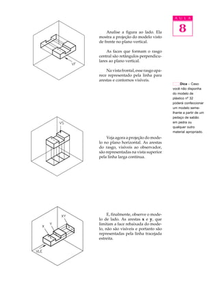 A U L A
8Analise a figura ao lado. Ela
mostra a projeção do modelo visto
de frente no plano vertical.
As faces que formam o rasgo
central são retângulos perpendicu-
lares ao plano vertical.
Na vista frontal, esse rasgo apa-
rece representado pela linha para
arestas e contornos visíveis.
Veja agora a projeção do mode-
lo no plano horizontal. As arestas
do rasgo, visíveis ao observador,
são representadas na vista superior
pela linha larga contínua.
E, finalmente, observe o mode-
lo de lado. As arestas xxxxx e yyyyy, que
limitam a face rebaixada do mode-
lo, não são visíveis e portanto são
representadas pela linha tracejada
estreita.
Dica - Caso
você não disponha
do modelo de
plástico nº 32
poderá confeccionar
um modelo seme-
lhante a partir de um
pedaço de sabão
em pedra ou
qualquer outro
material apropriado.
 