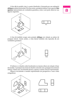 A U L A
8
A
A
A face AAAAA do modelo, isto é, a parte chanfrada, é formada por um retângulo
oblíquooblíquooblíquooblíquooblíquoaoplanohorizontal.Poressarazão,aprojeçãodeAAAAA navistasuperiornãonãonãonãonão
apareceapareceapareceapareceaparece representada em verdadeira grandeza, como você pode observar nas
figuras seguintes.
A face AAAAA também ocupa uma posição oblíquaoblíquaoblíquaoblíquaoblíqua em relação ao plano de
projeção lateral. Assim sendo, a vista lateral também não reproduz AAAAA em
verdadeira grandeza:
O rebaixo e o chanfro estão localizados na mesma altura em relação à base
do modelo. A projeção da aresta do chanfro coincide com a projeção da aresta do
rebaixo. Neste caso, em desenho técnico, apenas a aresta visível é representada.
Observe novamente o modelo representado em perspectiva e suas vistas
ortográficas:
 