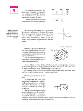 A U L A
9 Este modelo prismático tem
dois rasgos paralelos, atravessados
por um furo passante. No desenho
técnico deste modelo, é necessário
determinar o centro do furo.
Observe que a linha de centro
aparece nas três vistas do desenho.
Na vista superior, onde o furo é representa-
do por um círculo, o centro do furo é determina-
do pelo cruzamento de duas linhas de centro.
Sempre que for necessário usar duas linhas de
centro prara determinar o centro de um ele-
mento, o cruzamento é representado por dois
traços.
Observe a aplicação da linha de
centro em outro modelo com furos
epartesarredondadas.Acompanhe
as explicações analisando o modelo
representado ao lado.
Este é um modelo prismático
com partes arredondadas e três fu-
ros redondos passantes.
Vamos definir as vistas do desenho técnico com base na posição em que o
modelo está representado na perspectiva isométrica. Neste caso, dois furos estão
na posição horizontal e um furo está na posição vertical.
Os contornos das partes arredondadas são representados, nas vistas orto-
gráficas, pela linha para arestas e contornos visíveis.
Observe, a vista frontal do mo-
delo.
As projeções dos dois furos
horizontaiscoincidemnavistafron-
tal. Esses furos têm a forma de cír-
culos. Para determinar seu centro,
usamos duas linhas de centro que
se cruzam.
Não enxergamos o furo vertical
quando olhamos o modelo de fren-
te. Na vista frontal, esse furo é re-
presentado pela linha para arestas e
contornos não visíveis (linha tracejada estreita). Uma única linha de centro é
suficiente para determinar o centro desse furo.
Dica - Quando o
espaço é pequeno,
pode-se representar
a linha de centro por
uma linha contínua
estreita.
 