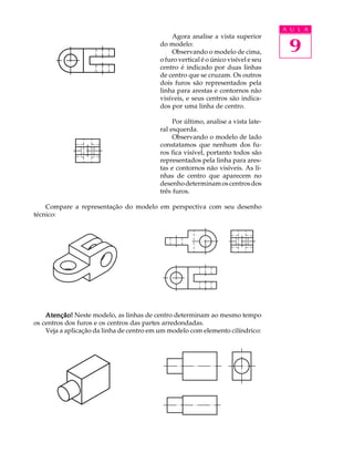 A U L A
9
Agora analise a vista superior
do modelo:
Observando o modelo de cima,
o furo vertical é o único visível e seu
centro é indicado por duas linhas
de centro que se cruzam. Os outros
dois furos são representados pela
linha para arestas e contornos não
visíveis, e seus centros são indica-
dos por uma linha de centro.
Por último, analise a vista late-
ral esquerda.
Observando o modelo de lado
constatamos que nenhum dos fu-
ros fica visível, portanto todos são
representados pela linha para ares-
tas e contornos não visíveis. As li-
nhas de centro que aparecem no
desenhodeterminamoscentrosdos
três furos.
Compare a representação do modelo em perspectiva com seu desenho
técnico:
Atenção!Atenção!Atenção!Atenção!Atenção! Neste modelo, as linhas de centro determinam ao mesmo tempo
os centros dos furos e os centros das partes arredondadas.
Veja a aplicação da linha de centro em um modelo com elemento cilíndrico:
 