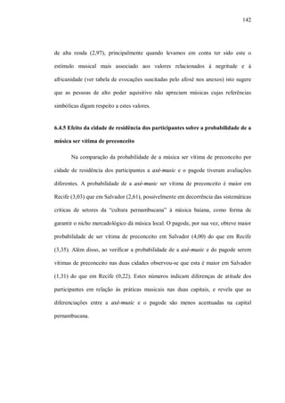 142




de alta renda (2,97), principalmente quando levamos em conta ter sido este o

estímulo musical mais associado aos valores relacionados à negritude e à

africanidade (ver tabela de evocações suscitadas pelo afoxé nos anexos) isto sugere

que as pessoas de alto poder aquisitivo não apreciam músicas cujas referências

simbólicas digam respeito a estes valores.


6.4.5 Efeito da cidade de residência dos participantes sobre a probabilidade de a

música ser vítima de preconceito

       Na comparação da probabilidade de a música ser vítima de preconceito por

cidade de residência dos participantes a axé-music e o pagode tiveram avaliações

diferentes. A probabilidade de a axé-music ser vítima de preconceito é maior em

Recife (3,03) que em Salvador (2,61), possivelmente em decorrência das sistemáticas

críticas de setores da “cultura pernambucana” à música baiana, como forma de

garantir o nicho mercadológico dà música local. O pagode, por sua vez, obteve maior

probabilidade de ser vítima de preconceito em Salvador (4,00) do que em Recife

(3,35). Além disso, ao verificar a probabilidade de a axé-music e do pagode serem

vítimas de preconceito nas duas cidades observou-se que esta é maior em Salvador

(1,31) do que em Recife (0,22). Estes números indicam diferenças de atitude dos

participantes em relação às práticas musicais nas duas capitais, e revela que as

diferenciações entre a axé-music e o pagode são menos acentuadas na capital

pernambucana.
 