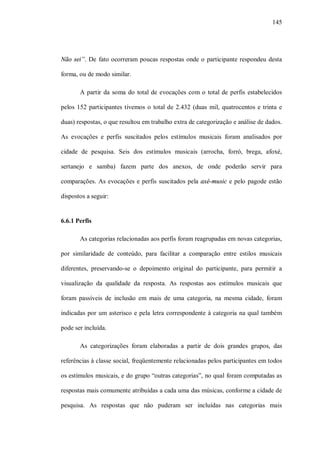 145




Não sei”. De fato ocorreram poucas respostas onde o participante respondeu desta

forma, ou de modo similar.

       A partir da soma do total de evocações com o total de perfis estabelecidos

pelos 152 participantes tivemos o total de 2.432 (duas mil, quatrocentos e trinta e

duas) respostas, o que resultou em trabalho extra de categorização e análise de dados.

As evocações e perfis suscitados pelos estímulos musicais foram analisados por

cidade de pesquisa. Seis dos estímulos musicais (arrocha, forró, brega, afoxé,

sertanejo e samba) fazem parte dos anexos, de onde poderão servir para

comparações. As evocações e perfis suscitados pela axé-music e pelo pagode estão

dispostos a seguir:


6.6.1 Perfis

       As categorias relacionadas aos perfis foram reagrupadas em novas categorias,

por similaridade de conteúdo, para facilitar a comparação entre estilos musicais

diferentes, preservando-se o depoimento original do participante, para permitir a

visualização da qualidade da resposta. As respostas aos estímulos musicais que

foram passíveis de inclusão em mais de uma categoria, na mesma cidade, foram

indicadas por um asterisco e pela letra correspondente à categoria na qual também

pode ser incluída.

       As categorizações foram elaboradas a partir de dois grandes grupos, das

referências à classe social, freqüentemente relacionadas pelos participantes em todos

os estímulos musicais, e do grupo “outras categorias”, no qual foram computadas as

respostas mais comumente atribuídas a cada uma das músicas, conforme a cidade de

pesquisa. As respostas que não puderam ser incluídas nas categorias mais
 