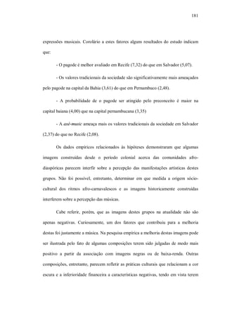 181




expressões musicais. Corolário a estes fatores alguns resultados do estudo indicam

que:

       - O pagode é melhor avaliado em Recife (7,32) do que em Salvador (5,07).

       - Os valores tradicionais da sociedade são significativamente mais ameaçados

pelo pagode na capital da Bahia (3,61) do que em Pernambuco (2,48).

       - A probabilidade de o pagode ser atingido pelo preconceito é maior na

capital baiana (4,00) que na capital pernambucana (3,35)

       - A axé-music ameaça mais os valores tradicionais da sociedade em Salvador

(2,37) do que no Recife (2,08).

       Os dados empíricos relacionados às hipóteses demonstraram que algumas

imagens construídas desde o período colonial acerca das comunidades afro-

diaspóricas parecem interfir sobre a percepção das manifestações artísticas destes

grupos. Não foi possível, entretanto, determinar em que medida a origem sócio-

cultural dos ritmos afro-carnavalescos e as imagens historicamente construídas

interferem sobre a percepção das músicas.

       Cabe referir, porém, que as imagens destes grupos na atualidade não são

apenas negativas. Curiosamente, um dos fatores que contribuiu para a melhoria

destas foi justamente a música. Na pesquisa empírica a melhoria destas imagens pode

ser ilustrada pelo fato de algumas composições terem sido julgadas de modo mais

positivo a partir da associação com imagens negras ou de baixa-renda. Outras

composições, entretanto, parecem refletir as práticas culturais que relacionam a cor

escura e a inferioridade financeira a características negativas, tendo em vista terem
 