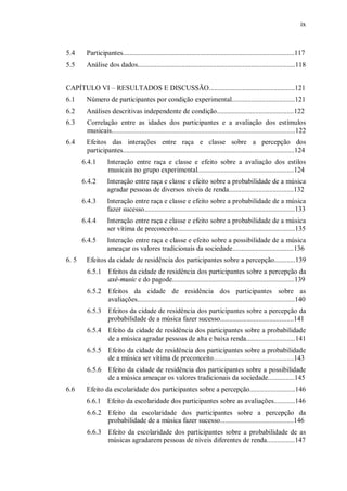 ix



5.4     Participantes..................................................................................................117
5.5     Análise dos dados..........................................................................................118


CAPÍTULO VI – RESULTADOS E DISCUSSÃO.................................................121
6.1     Número de participantes por condição experimental....................................121
6.2     Análises descritivas independente de condição............................................122
6.3     Correlação entre as idades dos participantes e a avaliação dos estímulos
        musicais.........................................................................................................122
6.4     Efeitos das interações entre raça e classe sobre a percepção dos
        participantes..................................................................................................124
       6.4.1      Interação entre raça e classe e efeito sobre a avaliação dos estilos
                  musicais no grupo experimental.......................................................124
       6.4.2      Interação entre raça e classe e efeito sobre a probabilidade de a música
                  agradar pessoas de diversos níveis de renda.....................................132
       6.4.3      Interação entre raça e classe e efeito sobre a probabilidade de a música
                  fazer sucesso......................................................................................133
       6.4.4      Interação entre raça e classe e efeito sobre a probabilidade de a música
                  ser vítima de preconceito...................................................................135
       6.4.5      Interação entre raça e classe e efeito sobre a possibilidade de a música
                  ameaçar os valores tradicionais da sociedade...................................136
6. 5    Efeitos da cidade de residência dos participantes sobre a percepção............139
        6.5.1 Efeitos da cidade de residência dos participantes sobre a percepção da
              axé-music e do pagode......................................................................139
        6.5.2 Efeitos da cidade de residência dos participantes sobre as
              avaliações..........................................................................................140
        6.5.3 Efeitos da cidade de residência dos participantes sobre a percepção da
              probabilidade de a música fazer sucesso..........................................141
        6.5.4 Efeito da cidade de residência dos participantes sobre a probabilidade
              de a música agradar pessoas de alta e baixa renda............................141
        6.5.5 Efeito da cidade de residência dos participantes sobre a probabilidade
              de a música ser vítima de preconceito..............................................143
        6.5.6 Efeito da cidade de residência dos participantes sobre a possibilidade
              de a música ameaçar os valores tradicionais da sociedade...............145
6.6     Efeito da escolaridade dos participantes sobre a percepção..........................146
        6.6.1 Efeito da escolaridade dos participantes sobre as avaliações............146
        6.6.2 Efeito da escolaridade dos participantes sobre a percepção da
              probabilidade de a música fazer sucesso..........................................146
        6.6.3 Efeito da escolaridade dos participantes sobre a probabilidade de as
              músicas agradarem pessoas de níveis diferentes de renda................147
 