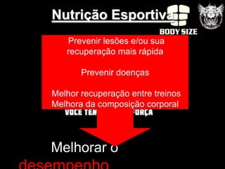 Nutrição Esportiva
   Prevenir lesões e/ou sua
   recuperação mais rápida

       Prevenir doenças

Melhor recuperação entre treinos
Melhora da composição corporal




Melhorar o
 