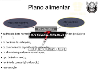 Plano alimentar

      Praticante esportivo                            Atleta de Elite



• padrão da dieta normal e os alimentos normalmente ingeridos pelo atleta
(HÁBITOS);
• os horários das refeições;
• os componentes específicos das refeições;
• os alimentos que devem ser evitados;
• tipo de treinamento;
• horário da competição (duração)
• recuperação.
 