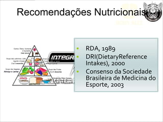 Recomendações Nutricionais


           • RDA, 1989
           • DRI(DietaryReference
             Intakes), 2000
           • Consenso da Sociedade
             Brasileira de Medicina do
             Esporte, 2003
 