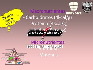 Macronutrientes
- Carboidratos (4kcal/g)
   - Proteína (4kcal/g)
    - Lipídios (9kcal/g)

   Micronutrientes
     - Vitaminas
      -Minerais
 