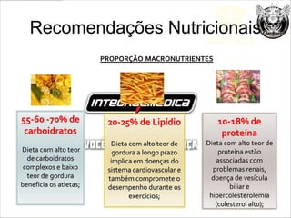 Recomendações Nutricionais
                        PROPORÇÃO MACRONUTRIENTES




55-60 -70% de            20-25% de Lipídio             10-18% de
 carboidratos                                           proteína
                          Dieta com alto teor de    Dieta com alto teor de
Dieta com alto teor        gordura a longo prazo        proteína estão
  de carboidratos         implica em doenças do        associadas com
 complexos e baixo       sistema cardiovascular e     problemas renais,
  teor de gordura        também compromete o         doença de vesícula
beneficia os atletas;    desempenho durante os              biliar e
                                exercícios;          hipercolesterolemia
                                                       (colesterol alto);
 