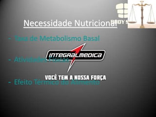 Necessidade Nutricional
- Taxa de Metabolismo Basal

- Atividades Físicas

- Efeito Térmico do Alimento
 