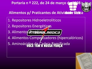 Portaria n º 222, de 24 de março de 1998

Alimentos p/ Praticantes de Atividade Física
1. Repositores Hidroeletrolíticos
2. Repositores Energéticos
3. Alimentos Protéicos
4. Alimentos Compensadores (hipercalóricos)
5. Aminoácidos de Cadeia Ramificada
 
