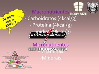 Macronutrientes
- Carboidratos (4kcal/g)
   - Proteína (4kcal/g)
    - Lipídios (9kcal/g)

   Micronutrientes
     - Vitam...