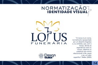’’A marca é um nome,
normalmente representado
por um desenho (logotipo
e, ou símbolo), que, com o
tempo, devido às
experiências reais ou
virtuais, objetivas ou
subjetivas que vamos
relacionando a ela, passa
a ter um valor
específico’’.Weller (2005)
14
NORMATIZAÇÃO
IDENTIDADE VISUAL
F U N E R Á R I A
 