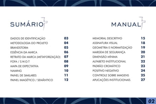 DADOS DE IDENTIFICAÇÃO
METODOLOGIA DO PROJETO
BRANDSTORM
ESSÊNCIA DA MARCA
RETRATO DA MARCA (METAFORIZAÇÃO)
FOFA / S.W.O.T
MAPA DE EXPECTATIVA
NAMING
PAINEL DE SIMILARES
PAINEL IMAGÉTICO / SEMÂNTICO
MEMORIAL DESCRITIVO
ASSINATURA VISUAL
GEOMETRIA E NORMATIZAÇÃO
MARGEM DE SEGURANÇA
DIMENSÃO MÍNIMA
ALFABETO INSTITUCIONAL
PADRÃO CROMÁTICO
POSITIVO NEGATIVO
CONTROLE SOBRE IMAGENS
APLICAÇÕES INSTITUCIONAIS
03
04
05
06
07
08
09
10
11
12
15
18
19
20
21
22
23
24
25
27
02
MANUALSUMÁRIO
 