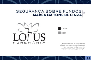 A marca em tons de cinza deve ser
utilizada nos casos em que for exigido
seu uso nessa versão, como em
impressões em jornal, por exemplo.
K 100%
K 50%
F U N E R Á R I A
25
SEGURANÇA SOBRE FUNDOS
MARCA EM TONS DE CINZA
 