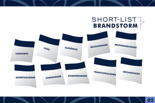 CONFORTO
LUXO
ELEGÂNCIA
RELIGIOSIDADE RESPONSABILIDADE
ORGANIZAÇÃO
TRADICIONALIDADE
ESPIRITUALIDADE COMODIDADE EXCENTRICIDADE
05
SHORT-LIST
BRANDSTORM
 