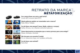 Se a marca fosse um carro, qual seria?
Lincoln MKT Limousine Spied 2013
Quais palavras podem ser associadas com a marca?
Poder, Glória, Tradição
Se ela fosse uma pessoa? (sexo, idade, valores e crenças)
Mulher, 50 anos, rica, influente e de família tradicional
Como descreveria as sensações que a marca provoca para uma amigo?
Desejo, Satisfação, Liberdade
Ela iria para um encontro? (onde)
Em um restaurante chique, com cardápios sofisticados
Se ela fosse uma animal?
Pavão Real
07
RETRATO DA MARCA
METAFORIZAÇÃO
 