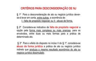 CRITÉRIOS PARA DESCONSIDERAÇÃO DE NJ 
§ 1º  Para a desconsideração de ato ou negócio jurídico dever­ 
se­á levar em conta, entre outras, a ocorrência de: 
     I ­ falta de propósito negocial; ou II ­ abuso de forma. 

§ 2º  Considera­se indicativo de falta de propósito negocial a 
opção  pela  forma  mais  complexa  ou  mais  onerosa,  para  os 
envolvidos,  entre  duas  ou  mais  formas  para  a  prática  de 
determinado ato. 

 § 3º  Para o efeito do disposto no inciso II do § 1º, considera­se 
abuso  de  forma  jurídica  a  prática  de  ato  ou  negócio  jurídico 
indireto  que  produza  o  mesmo  resultado  econômico  do  ato  ou 
negócio jurídico dissimulado.
 