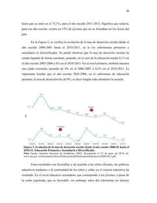36
hasta que se situó en el 75,1%, para el año escolar 2011-2012. Significa que todavía,
para ese año escolar, existía un 15% de jóvenes que no se formaban en los liceos del
país.
En la Figura 2, se verifica la evolución de la tasa de deserción escolar desde el
año escolar 2000-2001 hasta el 2010-2011, en la los subsistemas primarios y
secundario (o diversificado). Se puede observar que la tasa de deserción escolar ha
estado bajando de forma constante, pasando, en el caso de la educación media 9,1% en
el año escolar 2005-2006 a 6% en el 2010-2011. En el nivel primario, también muestra
una caída constante, pasando de 4% en el 2006-2007 a 0,3% en el 2010-2011. Es
importante reseñar que el año escolar 2005-2006, en el subsistema de educación
primaria, la tasa de deserción fue de 0%, es decir ningún niño abandonó la escuela.
Figura 2. Evolución de la tasa de deserción escolar desde el año escolar 2000-01 hasta el
2010-11. Educación Primaria y Secundaria o Diversificada.
Nota Fuente: Instituto Nacional de Estadística (INE). Recuperado el 23 de junio de 2014, de:
www.ine.gov.ve/documentos/Social/Educacion/pdf/IndicadoresEducativos2000-2012.pdf
Estos resultados son favorables y de acuerdo a las cifras oficiales, las políticas
educativas tendentes a la continuidad de los niños y niñas en el sistema educativo ha
resultado. En el nivel educativo secundario, que corresponde a los jóvenes, a pesar de
la caída registrada, que es favorable, sin embargo salen del subsistema un número
 