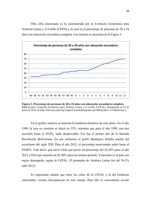 38
Otra cifra interesante es la suministrada por la Comisión Económica para
América Latina y el Caribe (CEPAL), la cual es el porcentaje de personas de 20 a 24
años con educación secundaria completa. Las mismas se muestran en la Figura 3.
Figura 3. Porcentaje de personas de 20 a 24 años con educación secundaria completa.
Nota Fuente: Comisión Económica para América Latina y el Caribe (CEPAL). Recuperado el 23 de
junio de 2014, de http://interwp.cepal.org/sisgen/ConsultaIntegrada.asp?idIndicador=2119&idioma=e
En el gráfico anterior se muestra la tendencia histórica de esos datos. En el año
1989, la tasa en cuestión se ubicó en 33%, mientras que para el año 1999, esa tasa
ascendió hasta el 43,9%, nada despreciable. Ese fue el primer año de la llamada
Revolución Bolivariana. En ese momento el perfil ideológico distaba mucho del
socialismo del siglo XXI. Para el año 2012, el porcentaje mencionado subió hasta el
69,80%. Vale decir, que salvo Chile que posee un porcentaje del 82,20% para el año
2012 y Perú que muestra un 81,40% para ese mismo periodo, Venezuela es el país con
mejor desempeño, según la CEPAL. El promedio de América Latina fue del 56,5%
(año 2012).
Es importante señalar que entre las cifras de la CEPAL y la del Gobierno
venezolano, existen discrepancias en este campo. Para ello es conveniente revisar
0
10
20
30
40
50
60
70
80
89 90 91 92 93 94 95 96 97 98 99 0 1 2 3 4 5 6 7 8 9 10 11 12
Porcentaje de personas de 20 a 24 años con educación secundaria
completa
 