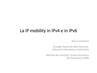 La IP mobility in IPv4 e in IPv6 Marco Sommani Consiglio Nazionale delle Ricerche: Istituto di Informatica e Telematica Membro del Comitato Tecnico Scientifico del Consortium GARR 