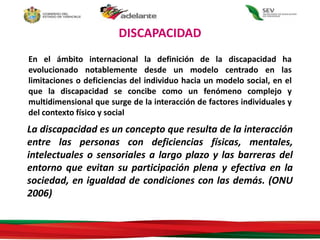 DISCAPACIDAD
La discapacidad es un concepto que resulta de la interacción
entre las personas con deficiencias físicas, mentales,
intelectuales o sensoriales a largo plazo y las barreras del
entorno que evitan su participación plena y efectiva en la
sociedad, en igualdad de condiciones con las demás. (ONU
2006)
En el ámbito internacional la definición de la discapacidad ha
evolucionado notablemente desde un modelo centrado en las
limitaciones o deficiencias del individuo hacia un modelo social, en el
que la discapacidad se concibe como un fenómeno complejo y
multidimensional que surge de la interacción de factores individuales y
del contexto físico y social
 
