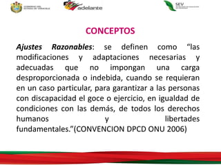 Ajustes Razonables: se definen como “las
modificaciones y adaptaciones necesarias y
adecuadas que no impongan una carga
desproporcionada o indebida, cuando se requieran
en un caso particular, para garantizar a las personas
con discapacidad el goce o ejercicio, en igualdad de
condiciones con las demás, de todos los derechos
humanos y libertades
fundamentales.”(CONVENCION DPCD ONU 2006)
CONCEPTOS
 
