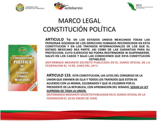 MARCO LEGAL
CONSTITUCIÓN POLÍTICA
ARTICULO 133. ESTA CONSTITUCION, LAS LEYES DEL CONGRESO DE LA
UNION QUE EMANEN DE ELLA Y TODOS LOS TRATADOS QUE ESTEN DE
ACUERDO CON LA MISMA, CELEBRADOS Y QUE SE CELEBREN POR EL
PRESIDENTE DE LA REPUBLICA, CON APROBACION DEL SENADO, SERAN LA LEY
SUPREMA DE TODA LA UNION.
(REFORMADO MEDIANTE DECRETO PUBLICADO EN EL DIARIO OFICIAL DE LA
FEDERACION EL 18 DE ENERO DE 1934)
ARTICULO 1o. EN LOS ESTADOS UNIDOS MEXICANOS TODAS LAS
PERSONAS GOZARAN DE LOS DERECHOS HUMANOS RECONOCIDOS EN ESTA
CONSTITUCION Y EN LOS TRATADOS INTERNACIONALES DE LOS QUE EL
ESTADO MEXICANO SEA PARTE, ASI COMO DE LAS GARANTIAS PARA SU
PROTECCION, CUYO EJERCICIO NO PODRA RESTRINGIRSE NI SUSPENDERSE,
SALVO EN LOS CASOS Y BAJO LAS CONDICIONES QUE ESTA CONSTITUCION
ESTABLECE.
(REFORMADO MEDIANTE DECRETO PUBLICADO EN EL DIARIO OFICIAL DE LA
FEDERACION EL 10 DE JUNIO DEL 2011)
 