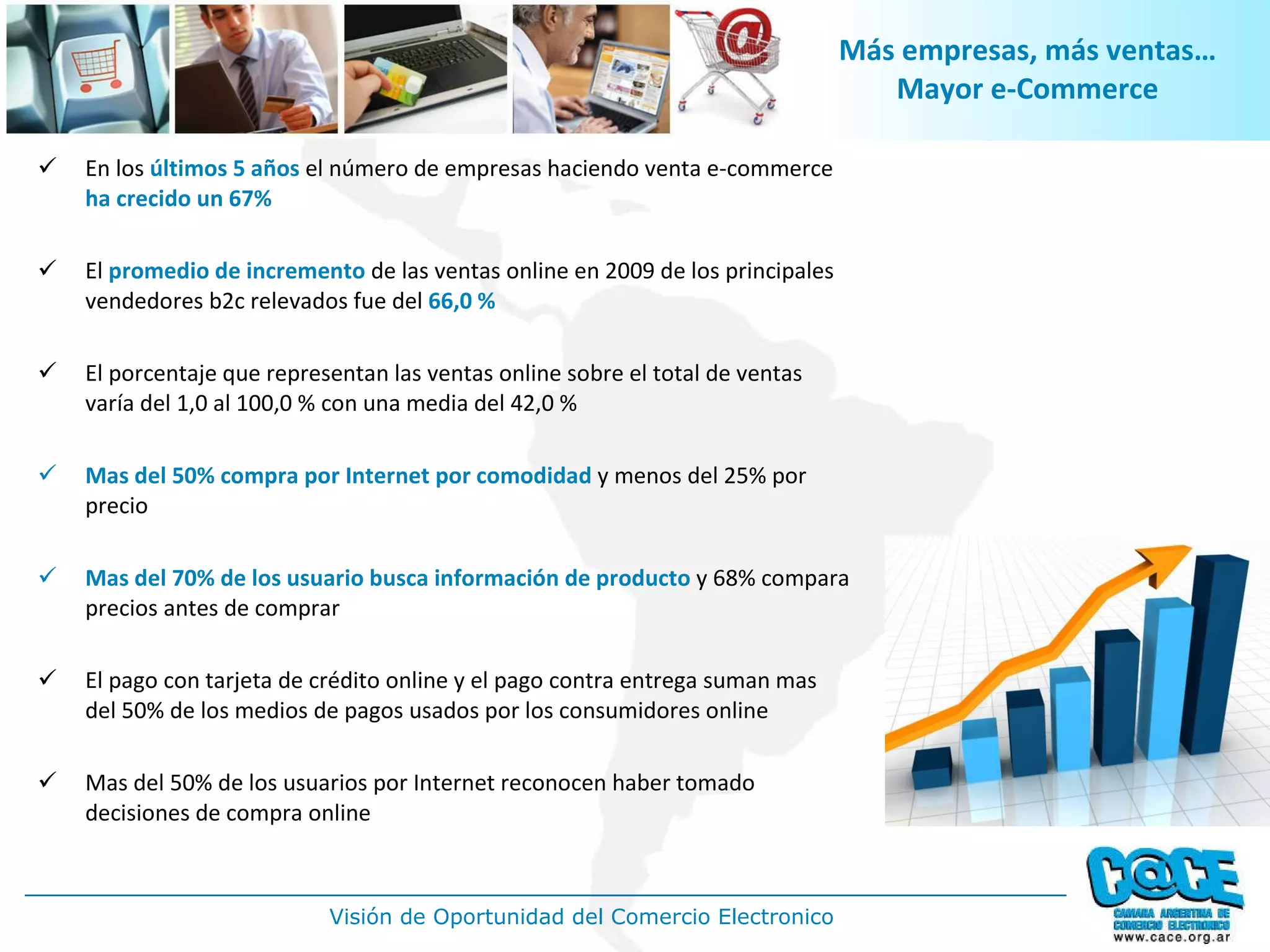 En los  últimos 5 años  el número de empresas haciendo venta e-commerce  ha crecido un   67%   El  promedio de incremento  de las ventas online en 2009 de los principales vendedores b2c relevados fue del  66,0 % El porcentaje que representan las ventas online sobre el total de ventas varía del 1,0 al 100,0 % con una media del 42,0 % Mas del 50%   compra por Internet por comodidad  y menos del 25% por precio  Mas del 70% de los usuario busca información de producto  y 68% compara precios antes de comprar  El pago con tarjeta de crédito online y el pago contra entrega suman mas del 50% de los medios de pagos usados por los consumidores online Mas del 50% de los usuarios por Internet reconocen haber tomado decisiones de compra online Más empresas, más ventas… Mayor e-Commerce 