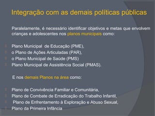 Integração com as demais políticas públicas
Paralelamente, é necessário identificar objetivos e metas que envolvem
crianças e adolescentes nos planos municipais como:
 Plano Municipal de Educação (PME),
 o Plano de Ações Articuladas (PAR),
 o Plano Municipal de Saúde (PMS)
 Plano Municipal de Assistência Social (PMAS).
E nos demais Planos na área como:
 Plano de Convivência Familiar e Comunitária,
 Plano de Combate de Erradicação do Trabalho Infantil,
 Plano de Enfrentamento à Exploração e Abuso Sexual,
 Plano da Primeira Infância
 