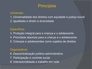 Princípios
Universais
1. Universalidade dos direitos com equidade e justiça social
2. Igualdade e direito à diversidade
Específicos
3. Proteção integral para a criança e o adolescente
4. Prioridade absoluta para a criança e o adolescente
5. Crianças e adolescentes como sujeitos de direitos
Organizativos
6. Descentralização político-administrativa
7. Participação e controle social
8. Intersetorialidade e trabalho em rede
 