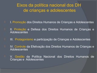 Eixos da política nacional dos DH
de crianças e adolescentes
 I. Promoção dos Direitos Humanos de Crianças e Adolescentes
 II. Proteção e Defesa dos Direitos Humanos de Crianças e
Adolescentes
 III. Protagonismo e participação de Crianças e Adolescentes
 IV. Controle da Efetivação dos Direitos Humanos de Crianças e
Adolescentes
 V. Gestão da Política Nacional dos Direitos Humanos de
Crianças e Adolescentes
 