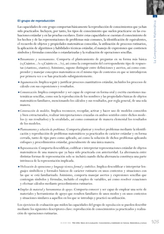 103
LaCompetenciaMatemática
3
© OCDE 2006 PISA 2006. Marco de la evaluación. Conocimientos y habilidades en Ciencias, Matemáticas y Lectura
El grupo de reproducción
Las capacidades de este grupo comportan básicamente la reproducción de conocimientos que ya han
sido practicados. Incluyen, por tanto, los tipos de conocimiento que suelen practicarse en las eva-
luaciones estándar y en las pruebas escolares. Entre estas capacidades se cuentan el conocimiento de
los hechos y de las representaciones de problemas más comunes, la identificación de equivalentes,
el recuerdo de objetos y propiedades matemáticas conocidas, la utilización de procesos rutinarios,
la aplicación de algoritmos y habilidades técnicas estándar, el manejo de expresiones que contienen
símbolos y fórmulas conocidas o estandarizadas y la realización de operaciones sencillas.
•Pensamiento y razonamiento. Comporta el planteamiento de preguntas en su forma más básica
(«¿Cuántos...?» «¿Cuánto es...?»), así como la comprensión del correspondiente tipo de respues-
tas («tantos», «tanto»).Asimismo, supone distinguir entre definiciones y asertos, así como com-
prender y manejar conceptos matemáticos en el mismo tipo de contextos en que se introdujeron
por primera vez o se han practicado subsiguientemente.
•Argumentación.Implica seguir y justificar procesos cuantitativos estándar, incluidos los procesos de
cálculo con sus exposiciones y resultados.
•Comunicación.Implica comprender y ser capaz de expresar en forma oral y escrita cuestiones ma-
temáticas sencillas, como son la reproducción de los nombres y las propiedades básicas de objetos
matemáticos familiares, mencionando los cálculos y sus resultados, por regla general, de una sola
manera.
•Construcción de modelos. Implica reconocer, recopilar, activar y hacer uso de modelos conocidos
y bien estructurados, realizar interpretaciones cruzadas en ambos sentidos entre dichos mode-
los (y sus resultados) y la «realidad», así como comunicar de manera elemental los resultados
de los modelos.
•Planteamiento y solución de problemas. Comporta plantear y resolver problemas mediante la identifi-
cación y reproducción de problemas matemáticos ya practicados de carácter estándar y en forma
cerrada, tanto de tipo puro como aplicado, así como la solución de dichos problemas aplicando
enfoques y procedimientos estándar, generalmente de una única manera.
•Representación.Comporta descodificar,codificar e interpretar representaciones estándar de objetos
matemáticos de una manera que ya haya sido practicada con anterioridad. La alternancia entre
distintas formas de representación solo se incluirá cuando dicha alternancia constituya una parte
intrínseca de la representación implicada.
•Utilización de operaciones y lenguaje técnico,formal y simbólico. Implica descodificar e interpretar len-
guajes simbólicos y formales básicos de carácter rutinario en unos contextos y situaciones con
las que se está familiarizado. Asimismo, comporta manejar asertos y expresiones sencillas que
contengan símbolos y fórmulas, incluido el empleo de variables, así como resolver ecuaciones
y efectuar cálculos mediante procedimientos rutinarios.
•Empleo de material y herramientas de apoyo. Comporta conocer y ser capaz de emplear una serie de
materiales y herramientas de apoyo que resulten familiares de unos modos y en unos contextos
y situaciones similares a aquellos en los que se introdujo y practicó su utilización.
Los ejercicios de evaluación que miden las capacidades del grupo de reproducción se pueden describir
mediante los siguientes descriptores clave: reproducción de conocimientos ya practicados y realiza-
ción de operaciones rutinarias.
888624Chapter03.indd 103888624Chapter03.indd 103 29/9/06 20:11:3629/9/06 20:11:36
 