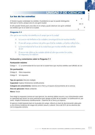 151
AnexoA
© OCDE 2006 PISA 2006. Marco de la evaluación. Conocimientos y habilidades en Ciencias, Matemáticas y Lectura
UNIDAD 7 DE CIENCIAS
La luz de las estrellas
A Tomás le gusta contemplar las estrellas. El problema es que no puede distinguirlas
bien por la noche, porque vive en una gran ciudad.
El año pasado Tomás pasó unos días en el campo y pudo observar una gran cantidad
de estrellas que no se veían en la ciudad.
Pregunta 7.1
¿Por qué se ven muchas más estrellas en el campo que en la ciudad?
A. La Luna es más brillante en las ciudades y amortigua la luz de muchas estrellas.
B. El aire del campo contiene más polvo que el de las ciudades, y el polvo reﬂeja la luz.
C. La luminosidad de las luces de la ciudad hace que muchas estrellas sean difíciles
de ver.
D. El aire es más cálido en las ciudades debido al calor que emiten los coches,
las máquinas y los ediﬁcios.
Puntuación y comentarios sobre la Pregunta 7.1
Puntuación máxima
Código 1: C. La luminosidad de las luces de la ciudad hace que muchas estrellas sean difíciles de ver.
Sin puntuación
Código 0: Otras respuestas.
Código 9: Sin respuesta.
Tipo de ejercicio: Elección múltiple.
Capacidad: Explicar fenómenos cientíﬁcamente.
Categoría de conocimiento: Sistemas de la Tierra y el espacio (Conocimiento de la ciencia).
Área de aplicación: Medio ambiente.
Marco: Social.
Para elegir la respuesta correcta en este ejercicio, los alumnos deben recurrir a sus conocimientos sobre
la capacidad que tienen las luces extrínsecas para apagar el brillo de las estrellas. La clasiﬁcación es, por
tanto, «Explicar fenómenos cientíﬁcamente – Sistemas de la Tierra y el espacio».
El ejercicio rindió bastante bien en la prueba de campo, ofreció un nivel de discriminación adecuado
y una mínima incidencia de sesgos de carácter sexual o cultural. Cerca del 65% de los alumnos dio
con la respuesta correcta.
888624AnnexA.indd 151888624AnnexA.indd 151 29/9/06 20:08:3429/9/06 20:08:34
 