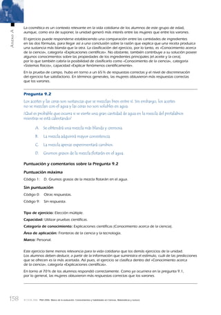 158
AnexoA
© OCDE 2006 PISA 2006. Marco de la evaluación. Conocimientos y habilidades en Ciencias, Matemáticas y Lectura
La cosmética es un contexto relevante en la vida cotidiana de los alumnos de este grupo de edad,
aunque, como era de suponer, la unidad generó más interés entre las mujeres que entre los varones.
El ejercicio puede responderse estableciendo una comparación entre las cantidades de ingredientes
en las dos fórmulas, para llegar así a una conclusión sobre la razón que explica que una receta produzca
una sustancia más blanda que la otra. La clasiﬁcación del ejercicio, por lo tanto, es «Conocimiento acerca
de la ciencia», categoría «Explicaciones cientíﬁcas». No obstante, también contribuye a su solución poseer
algunos conocimientos sobre las propiedades de los ingredientes principales (el aceite y la cera),
por lo que también cabría la posibilidad de clasiﬁcarlo como «Conocimiento de la ciencia», categoría
«Sistemas físicos», capacidad «Explicar fenómenos cientíﬁcamente».
En la prueba de campo, hubo en torno a un 65% de respuestas correctas y el nivel de discriminación
del ejercicio fue satisfactorio. En términos generales, las mujeres obtuvieron más respuestas correctas
que los varones.
Pregunta 9.2
Los aceites y las ceras son sustancias que se mezclan bien entre sí. Sin embargo, los aceites
no se mezclan con el agua y las ceras no son solubles en agua.
¿Qué es probable que ocurra si se vierte una gran cantidad de agua en la mezcla del pintalabios
mientras se está calentando?
A. Se obtendrá una mezcla más blanda y cremosa.
B. La mezcla adquirirá mayor consistencia.
C. La mezcla apenas experimentará cambios.
D. Grumos grasos de la mezcla ﬂotarán en el agua.
Puntuación y comentarios sobre la Pregunta 9.2
Puntuación máxima
Código 1: D. Grumos grasos de la mezcla flotarán en el agua.
Sin puntuación
Código 0: Otras respuestas.
Código 9: Sin respuesta.
Tipo de ejercicio: Elección múltiple.
Capacidad: Utilizar pruebas cientíﬁcas.
Categoría de conocimiento: Explicaciones cientíﬁcas (Conocimiento acerca de la ciencia).
Área de aplicación: Fronteras de la ciencia y la tecnología.
Marco: Personal.
Este ejercicio tiene menos relevancia para la vida cotidiana que los demás ejercicios de la unidad.
Los alumnos deben deducir, a partir de la información que suministra el estímulo, cuál de las predicciones
que se ofrecen es la más acertada. Así pues, el ejercicio se clasiﬁca dentro del «Conocimiento acerca
de la ciencia», categoría «Explicaciones cientíﬁcas».
En torno al 70% de los alumnos respondió correctamente. Como ya ocurriera en la pregunta 9.1,
por lo general, las mujeres obtuvieron más respuestas correctas que los varones.
888624AnnexA.indd 158888624AnnexA.indd 158 29/9/06 20:08:3629/9/06 20:08:36
 