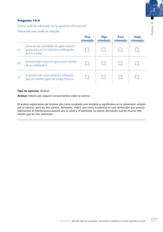 177
AnexoA
© OCDE 2006 PISA 2006. Marco de la evaluación. Conocimientos y habilidades en Ciencias, Matemáticas y Lectura
Pregunta 14.4
¿Cómo estás de interesado en la siguiente información?
Marca solo una casilla en cada ﬁla.
MuyMuy
interesadointeresado
AlgoAlgo
interesadointeresado
PocoPoco
interesadointeresado
NadaNada
interesadointeresado
a)
Conocer las cantidades de gases tóxicos
que producen los distintos carburantes
de los coches.
1 2 3 4
b)
Comprender mejor lo que ocurre dentro
de un catalizador. 1 2 3 4
c)
Conocer más cosas sobre los vehículos
que no emiten gases de escape tóxicos. 1 2 3 4
Tipo de ejercicio: Actitud.
Actitud: Interés por adquirir conocimientos sobre la ciencia.
El análisis exploratorio de factores dio como resultado una incidencia signiﬁcativa en la dimensión «interés
por la ciencia» para los tres asertos. Asimismo, indicó una cierta incidencia en una dimensión que parecía
representar el interés/preocupación por la salud y el bienestar. La última aﬁrmación suscitó mucho más
interés que las dos anteriores.
888624AnnexA.indd 177888624AnnexA.indd 177 29/9/06 20:08:4129/9/06 20:08:41
 