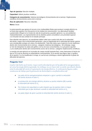 184
AnexoA
© OCDE 2006 PISA 2006. Marco de la evaluación. Conocimientos y habilidades en Ciencias, Matemáticas y Lectura
Tipo de ejercicio: Elección múltiple.
Capacidad: Utilizar pruebas cientíﬁcas.
Categoría de conocimiento: Sistemas tecnológicos (Conocimiento de la ciencia) / Explicaciones
cientíﬁcas (Conocimiento acerca de la ciencia).
Área de aplicación: Recursos naturales.
Marco: Social.
La preocupación que genera el recurso a los combustibles fósiles para producir energía eléctrica es
un tema que aparece con frecuencia en los medios de comunicación. Las alternativas factibles
y potenciales inﬂuyen en el modo de vida de las personas y pueden generar a su vez problemas
medioambientales. Los representantes de los distintos países concedieron una prioridad especial
a la inclusión de esta unidad en el estudio principal.
Para abordar este ejercicio, los estudiantes deben saber que cuanto más alta sea la velocidad
del viento, mayor será la electricidad generada, y que la regularidad de la velocidad del viento supone
una considerable ventaja con vistas a la distribución. Todo ello indica que el ejercicio ha de clasiﬁcarse
dentro del «Conocimiento de la ciencia», categoría «Sistemas tecnológicos». Sin embargo, luego
se han de interpretar los datos del gráﬁco a la luz de esos conocimientos, lo cual parece apuntar
a una clasiﬁcación dentro del «Conocimiento acerca de la ciencia», categoría «Explicaciones cientíﬁcas».
La versión de este ejercicio en la prueba de campo resultó bastante fácil, como demuestra el hecho de
que el 75% de los alumnos la respondieran correctamente. En la versión que ﬁgura aquí, el gráﬁco
de la opción C se ha modiﬁcado a la baja, lo cual tal vez contribuya a elevar ligeramente el grado de
diﬁcultad del ejercicio.
Pregunta 16.2
Cuanto más fuerte sea el viento, mayor será la velocidad de giro de las palas de los aerogeneradores,
así como la energía eléctrica generada. Sin embargo, en un marco real, no existe una relación directa
entre la velocidad del viento y la generación de energía eléctrica. A continuación ﬁguran cuatro
condiciones de trabajo para la generación de electricidad en una planta eólica real.
• Las palas de los aerogeneradores empiezan a girar cuando la velocidad
del viento alcanza el valor V1
.
• La producción de energía eléctrica alcanza su punto máximo (W) cuando
la velocidad del viento es V2
.
• Por motivos de seguridad se suele impedir que las plantas roten a mayor
velocidad que la que alcanzan cuando la velocidad del viento es V2
.
• Las palas dejan de girar cuando la velocidad del viento alcanza el valor V3
.
888624AnnexA.indd 184888624AnnexA.indd 184 29/9/06 20:08:4429/9/06 20:08:44
 