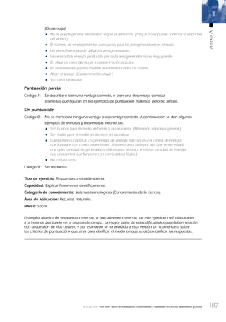 187
AnexoA
© OCDE 2006 PISA 2006. Marco de la evaluación. Conocimientos y habilidades en Ciencias, Matemáticas y Lectura
[Desventaja]
• No se puede generar electricidad según la demanda. [Porque no se puede controlar la velocidad
del viento.]
• El número de emplazamientos adecuados para los aerogeneradores es limitado.
• Un viento fuerte puede dañar los aerogeneradores.
• La cantidad de energía producida por cada aerogenerador no es muy grande.
• En algunos casos dan lugar a contaminación acústica.
• En ocasiones los pájaros mueren al estrellarse contra los rotores.
• Afean el paisaje. [Contaminación visual.]
• Son caros de instalar.
Puntuación parcial
Código 1: Se describe o bien una ventaja correcta, o bien una desventaja correcta
(como las que figuran en los ejemplos de puntuación máxima), pero no ambas.
Sin puntuación
Código 0: No se menciona ninguna ventaja o desventaja correcta. A continuación se dan algunos
ejemplos de ventajas y desventajas incorrectas.
• Son buenos para el medio ambiente o la naturaleza. [Aﬁrmación valorativa general.]
• Son malos para el medio ambiente o la naturaleza.
• Cuesta menos construir un generador de energía eólico que una central de energía
que funcione con combustibles fósiles. [Esta respuesta pasa por alto que se necesitará
una gran cantidad de generadores eólicos para producir la misma cantidad de energía
que una central que funcione con combustibles fósiles.]
• No costará tanto.
Código 9: Sin respuesta.
Tipo de ejercicio: Respuesta construida-abierta.
Capacidad: Explicar fenómenos cientíﬁcamente.
Categoría de conocimiento: Sistemas tecnológicos (Conocimiento de la ciencia).
Área de aplicación: Recursos naturales.
Marco: Social.
El amplio abanico de respuestas correctas, o parcialmente correctas, de este ejercicio creó dificultades
a la hora de puntuarlo en la prueba de campo. La mayor parte de estas dificultades guardaban relación
con la cuestión de «los costes», y por esa razón se ha añadido a esta versión un «comentario sobre
los criterios de puntuación» que sirva para clarificar el modo en que se deben calificar las respuestas.
888624AnnexA.indd 187888624AnnexA.indd 187 29/9/06 20:08:4529/9/06 20:08:45
 