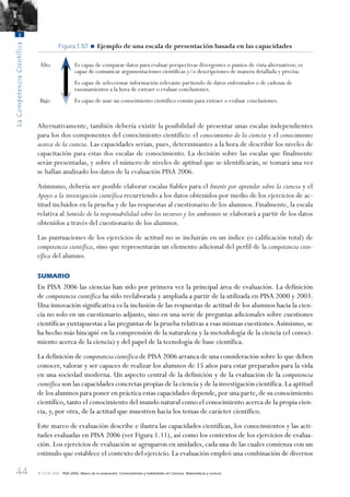 44
LaCompetenciaCientífica
1
© OCDE 2006 PISA 2006. Marco de la evaluación. Conocimientos y habilidades en Ciencias, Matemáticas y Lectura
Figura 1.10 • Ejemplo de una escala de presentación basada en las capacidades
Alto Es capaz de comparar datos para evaluar perspectivas divergentes o puntos de vista alternativos; es
capaz de comunicar argumentaciones científicas y/o descripciones de manera detallada y precisa.
Es capaz de seleccionar información relevante partiendo de datos enfrentados o de cadenas de
razonamientos a la hora de extraer o evaluar conclusiones.
Bajo Es capaz de usar un conocimiento científico común para extraer o evaluar conclusiones.
Alternativamente, también debería existir la posibilidad de presentar unas escalas independientes
para los dos componentes del conocimiento científico: el conocimiento de la ciencia y el conocimiento
acerca de la ciencia. Las capacidades serían, pues, determinantes a la hora de describir los niveles de
capacitación para estas dos escalas de conocimiento. La decisión sobre las escalas que finalmente
serán presentadas, y sobre el número de niveles de aptitud que se identificarán, se tomará una vez
se hallan analizado los datos de la evaluación PISA 2006.
Asimismo, debería ser posible elaborar escalas fiables para el Interés por aprender sobre la ciencia y el
Apoyo a la investigación científica recurriendo a los datos obtenidos por medio de los ejercicios de ac-
titud incluidos en la prueba y de las respuestas al cuestionario de los alumnos. Finalmente, la escala
relativa al Sentido de la responsabilidad sobre los recursos y los ambientes se elaborará a partir de los datos
obtenidos a través del cuestionario de los alumnos.
Las puntuaciones de los ejercicios de actitud no se incluirán en un índice (o calificación total) de
competencia científica, sino que representarán un elemento adicional del perfil de la competencia cien-
tífica del alumno.
SUMARIO
En PISA 2006 las ciencias han sido por primera vez la principal área de evaluación. La definición
de competencia científica ha sido reelaborada y ampliada a partir de la utilizada en PISA 2000 y 2003.
Una innovación significativa es la inclusión de las respuestas de actitud de los alumnos hacia la cien-
cia no solo en un cuestionario adjunto, sino en una serie de preguntas adicionales sobre cuestiones
científicas yuxtapuestas a las preguntas de la prueba relativas a esas mismas cuestiones.Asimismo, se
ha hecho más hincapié en la comprensión de la naturaleza y la metodología de la ciencia (el conoci-
miento acerca de la ciencia) y del papel de la tecnología de base científica.
La definición de competencia científica de PISA 2006 arranca de una consideración sobre lo que deben
conocer, valorar y ser capaces de realizar los alumnos de 15 años para estar preparados para la vida
en una sociedad moderna. Un aspecto central de la definición y de la evaluación de la competencia
científica son las capacidades concretas propias de la ciencia y de la investigación científica.La aptitud
de los alumnos para poner en práctica estas capacidades depende,por una parte,de su conocimiento
científico, tanto el conocimiento del mundo natural como el conocimiento acerca de la propia cien-
cia, y, por otra, de la actitud que muestren hacia los temas de carácter científico.
Este marco de evaluación describe e ilustra las capacidades científicas, los conocimientos y las acti-
tudes evaluadas en PISA 2006 (ver Figura 1.11), así como los contextos de los ejercicios de evalua-
ción. Los ejercicios de evaluación se agruparon en unidades, cada una de las cuales comienza con un
estimulo que establece el contexto del ejercicio. La evaluación empleó una combinación de diversos
888624Chapter01.indd 44888624Chapter01.indd 44 29/9/06 20:10:3529/9/06 20:10:35
 