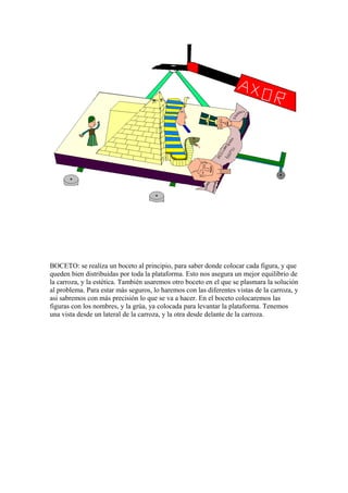 BOCETO: se realiza un boceto al principio, para saber donde colocar cada figura, y que
queden bien distribuidas por toda la plataforma. Esto nos asegura un mejor equilibrio de
la carroza, y la estética. También usaremos otro boceto en el que se plasmara la solución
al problema. Para estar más seguros, lo haremos con las diferentes vistas de la carroza, y
asi sabremos con más precisión lo que se va a hacer. En el boceto colocaremos las
figuras con los nombres, y la grúa, ya colocada para levantar la plataforma. Tenemos
una vista desde un lateral de la carroza, y la otra desde delante de la carroza.
 