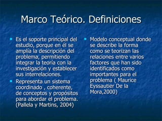 Marco Teórico. Definiciones Es el soporte principal del estudio, porque en él se amplía la descripción del problema, permitiendo integrar la teoría con la investigación y establecer sus interrelaciones. Representa un sistema coordinado , coherente, de conceptos y propósitos para abordar el problema. (Pallela y Martins, 2004) Modelo conceptual donde se describe la forma como se teorizan las relaciones entre varios factores que han sido identificados como importantes para el problema ( Maurice Eyssautier De la Mora,2000) 